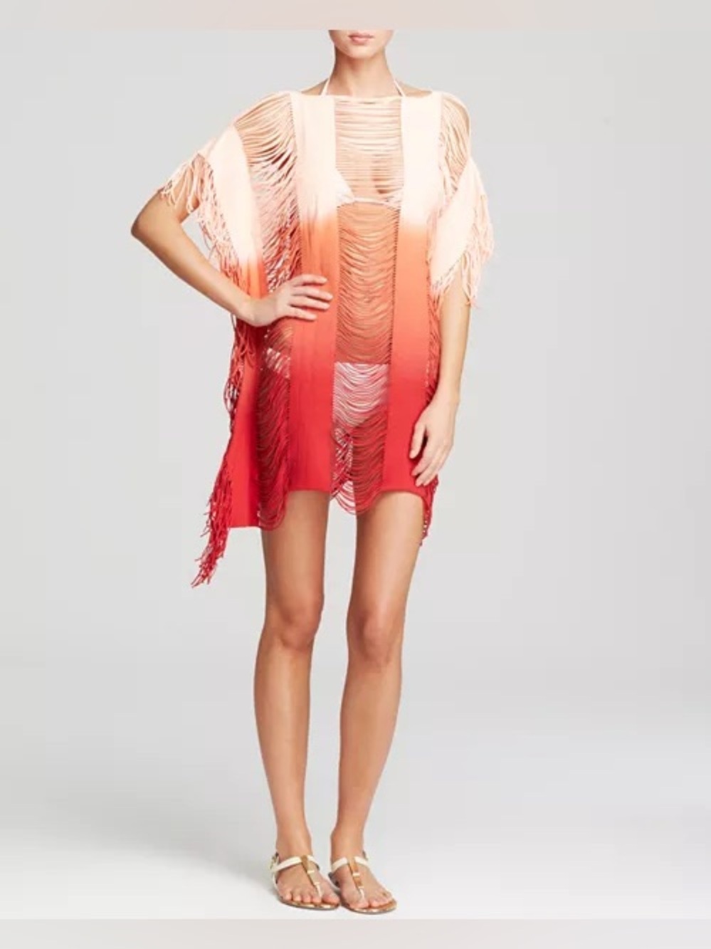 PQ Swim Sunset Monique Tunic Dress Fringe Cover Up Ombre Pink Orange XS/S